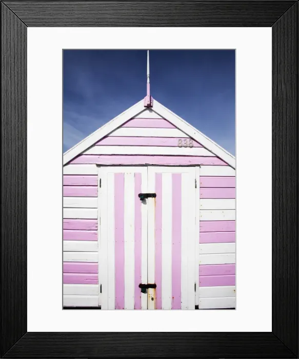 Framed Print : Pink and white striped beach hut, Felixstowe, Suffolk, England, United Kingdom, Europe