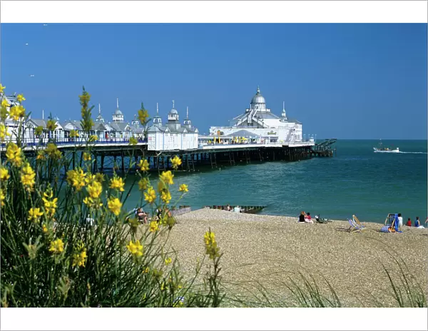 View over beach and pier, Eastbourne, East Sussex, England, United Kingdom, Europe