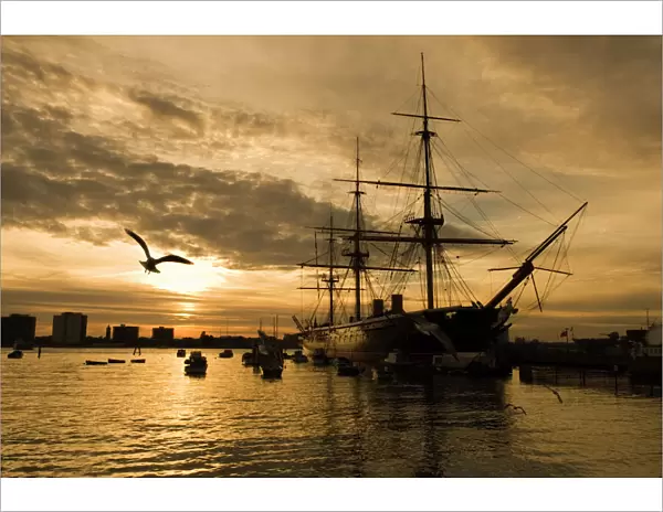 Sunset over the Hard and HMS Warrior, Portsmouth, Hampshire, England, United Kingdom, Europe