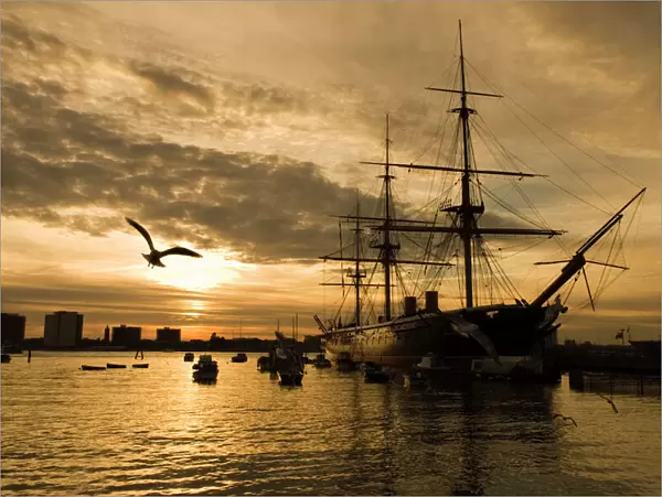 Sunset over the Hard and HMS Warrior, Portsmouth, Hampshire, England, United Kingdom, Europe