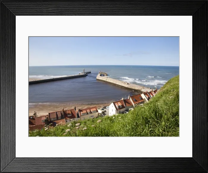 Framed Print : Whitby harbour walls and lighthouses from the clifftop, Whitby, North Yorkshire, Yorkshire, England, United Kingdom, Europe Framed Print : Whitby harbour walls and lighthouses from the clifftop, Whitby, North Yorkshire, Yorkshire, England, United Kingdom, Europe