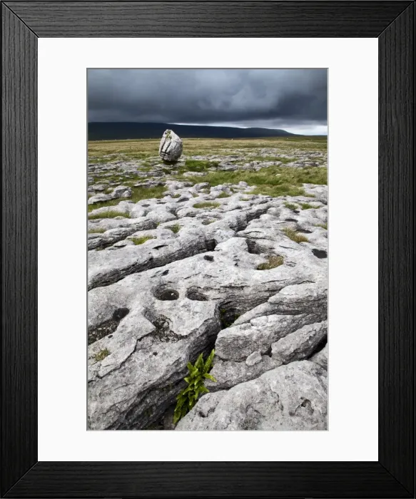 Framed Print : Limestone Pavement and Standing Stone, Twisleton Scar, Yorkshire Dales, North Yorkshire, Yorkshire, England, United Kingdom, Europe