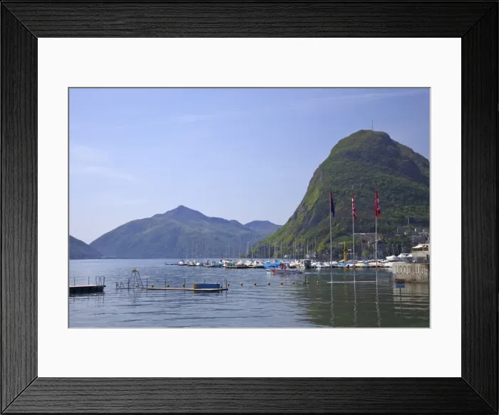 Framed Print : View of Monte San Salvador from the Lido, Lugano, Lake Lugano, Ticino, Switzerland, Europe Framed Print : View of Monte San Salvador from the Lido, Lugano, Lake Lugano, Ticino, Switzerland, Europe