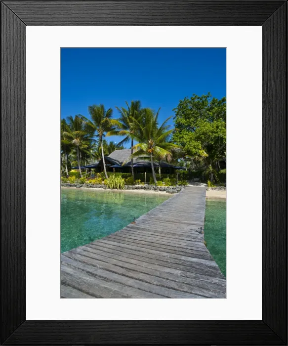 Framed Print : Wooden pier leading to a resort on Aore islet before the Island of Espiritu Santo, Vanuatu, South Pacific, Pacific Framed Print : Wooden pier leading to a resort on Aore islet before the Island of Espiritu Santo, Vanuatu, South Pacific, Pacific