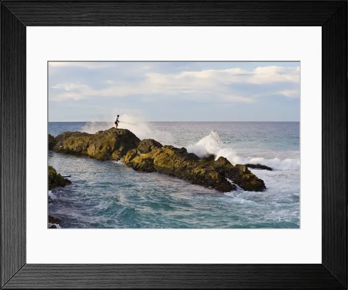 Framed Print : Fisherman getting hit by a wave while rock fishing at Snapper Rocks, Tweed Heads, Gold Coast, Queensland, Australia, Pacific