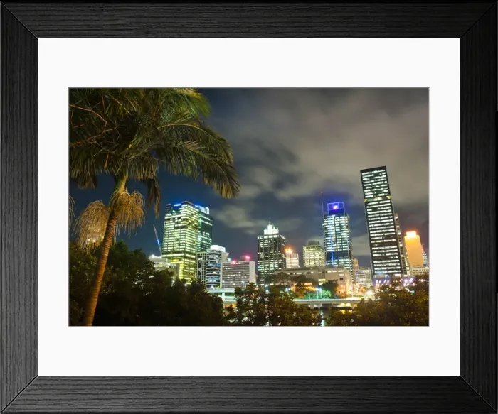 Framed Print : Palm tree and Brisbane skyline at night, Brisbane, Queensland, Australia, Pacific Framed Print : Palm tree and Brisbane skyline at night, Brisbane, Queensland, Australia, Pacific