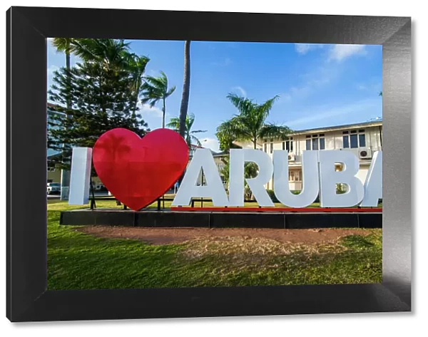 I love aruba sign in downtown Oranjestad, capital of Aruba, ABC Islands, Netherlands Antilles, Caribbean, Central America