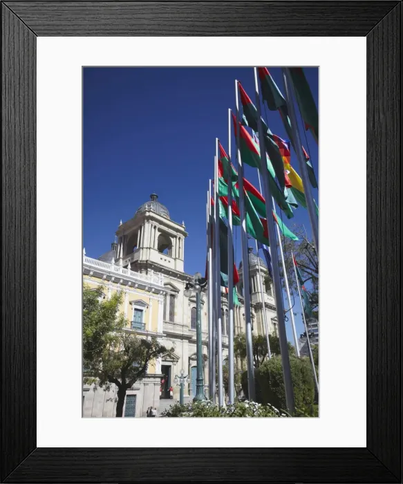 Framed Print : Flags outside Cathedral in Plaza Pedro Murillo, La Paz, Bolivia, South America Framed Print : Flags outside Cathedral in Plaza Pedro Murillo, La Paz, Bolivia, South America