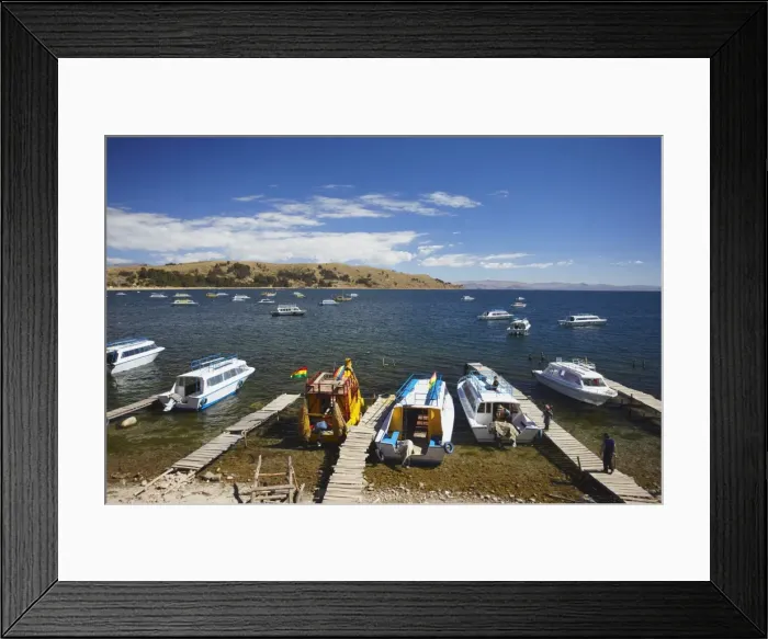 Framed Print : Boats moored in bay, Copacabana, Lake Titicaca, Bolivia, South America Framed Print : Boats moored in bay, Copacabana, Lake Titicaca, Bolivia, South America
