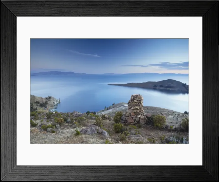 Framed Print : Stack of prayer stones on Isla del Sol (Island of the Sun) at sunset, Lake Titicaca, Bolivia, South America