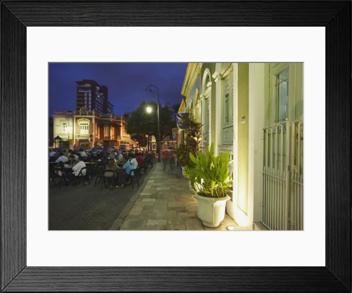 Framed Print : People eating at outdoor restaurants in Praca Sao Sebastiao (St. Sebastian Square) at dusk, Manaus, Amazonas, Brazil, South America Framed Print : People eating at outdoor restaurants in Praca Sao Sebastiao (St. Sebastian Square) at dusk, Manaus, Amazonas, Brazil, South America