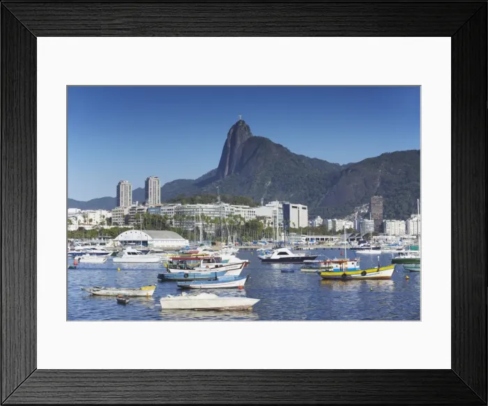 Framed Print : Boats moored in harbour with Christ the Redeemer statue in background, Urca, Rio de Janeiro, Brazil, South America Framed Print : Boats moored in harbour with Christ the Redeemer statue in background, Urca, Rio de Janeiro, Brazil, South America