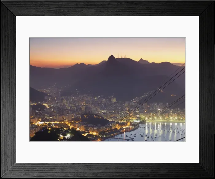 Framed Print : View of Christ the Redeemer statue and Botafogo Bay at sunset from Sugar Loaf Mountain, Rio de Janeiro, Brazil, South America Framed Print : View of Christ the Redeemer statue and Botafogo Bay at sunset from Sugar Loaf Mountain, Rio de Janeiro, Brazil, South America
