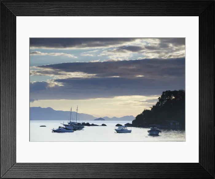 Framed Print : Boats moored at Vila do Abraao at dawn, Ilha Grande, Rio de Janeiro State, Brazil, South America Framed Print : Boats moored at Vila do Abraao at dawn, Ilha Grande, Rio de Janeiro State, Brazil, South America