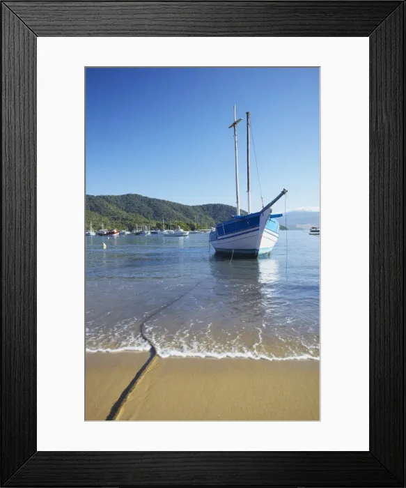 Framed Print : Boats moored on Vila do Abraao beach, Ilha Grande, Rio de Janeiro State, Brazil, South America Framed Print : Boats moored on Vila do Abraao beach, Ilha Grande, Rio de Janeiro State, Brazil, South America