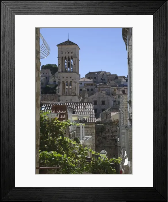 Framed Print : Rooftop view over the roofs to the bell tower of St. Stephens Cathedral in the medieval city of Hvar, island of Hvar, Dalmatia, Croatia, Europe Framed Print : Rooftop view over the roofs to the bell tower of St. Stephens Cathedral in the medieval city of Hvar, island of Hvar, Dalmatia, Croatia, Europe