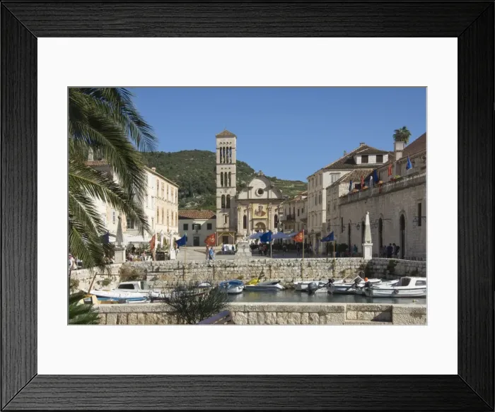Framed Print : View from the old harbour across the main square to St. Stephens Cathedral, in the medieval city of Hvar, island of Hvar, Dalmatia, Croatia, Europe Framed Print : View from the old harbour across the main square to St. Stephens Cathedral, in the medieval city of Hvar, island of Hvar, Dalmatia, Croatia, Europe