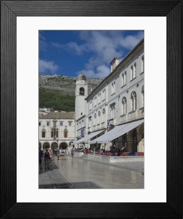 Framed Print : Street with cafes, foot worn polished pavement and the Clock Tower, Old City, Dubrovnik, UNESCO World Heritage Site, Croatia, Europe Framed Print : Street with cafes, foot worn polished pavement and the Clock Tower, Old City, Dubrovnik, UNESCO World Heritage Site, Croatia, Europe