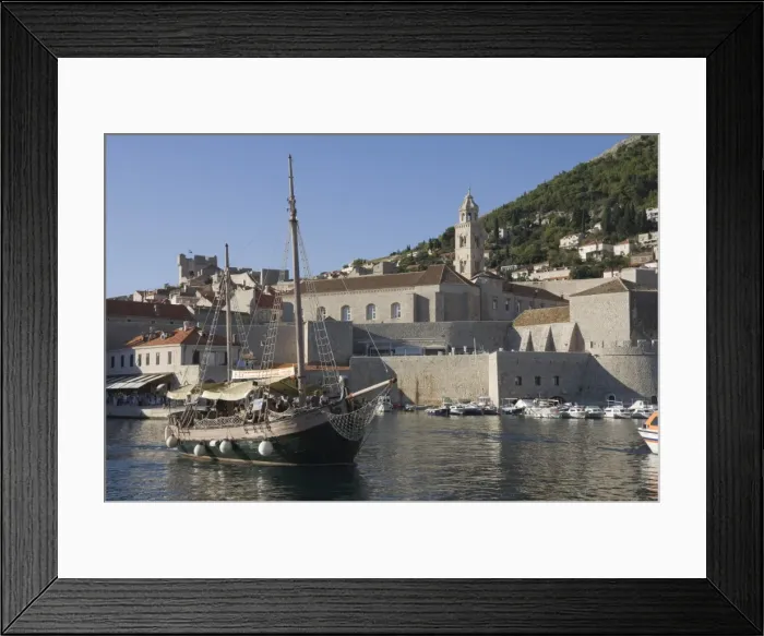 Framed Print : Tourist boat in the old harbour with the bell tower of the Franciscan Monastery in the background, Old Town, Dubrovnik, UNESCO World Heritage Site, Croatia, Europe Framed Print : Tourist boat in the old harbour with the bell tower of the Franciscan Monastery in the background, Old Town, Dubrovnik, UNESCO World Heritage Site, Croatia, Europe