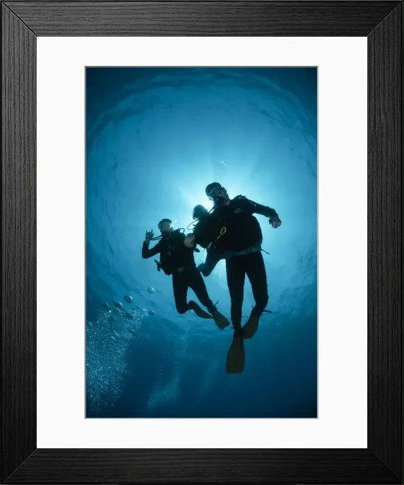 Framed Print : Low angle view of three scuba divers, backlit, Sharm El Sheikh, South Sinai, Red Sea, Egypt, North Africa, Africa Framed Print : Low angle view of three scuba divers, backlit, Sharm El Sheikh, South Sinai, Red Sea, Egypt, North Africa, Africa