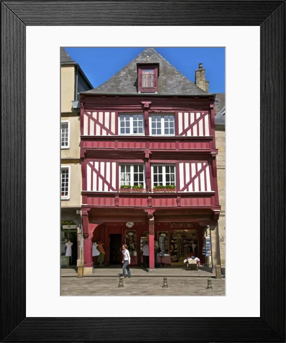 Framed Print : Shops and red half timbered house, Cordeliers Square, Dinan, Brittany, France, Europe Framed Print : Shops and red half timbered house, Cordeliers Square, Dinan, Brittany, France, Europe