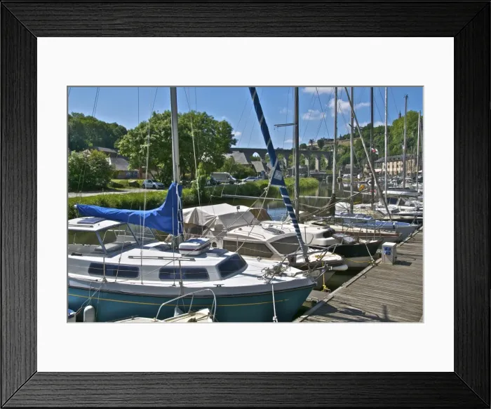 Framed Print : Sailboats moored on River Rance, with viaduct in the background, Dinan harbour, Brittany, France, Europe Framed Print : Sailboats moored on River Rance, with viaduct in the background, Dinan harbour, Brittany, France, Europe