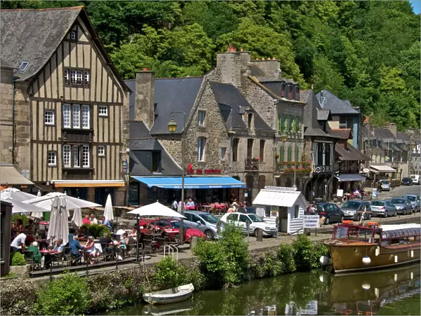 Cafes and restaurants, Dinan harbour beside the Rance River, Dinan, Brittany, France, Europe