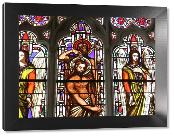 Stained glass window depicting the Baptism of Jesus by John the Baptist, St. Germain l Auxerrois church, Paris, France, Europe