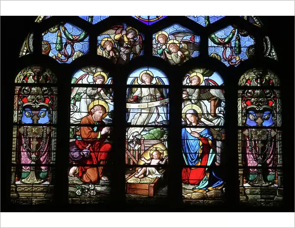 Stained glass window depicting the Nativity, St. Eustache church, Paris, France, Europe