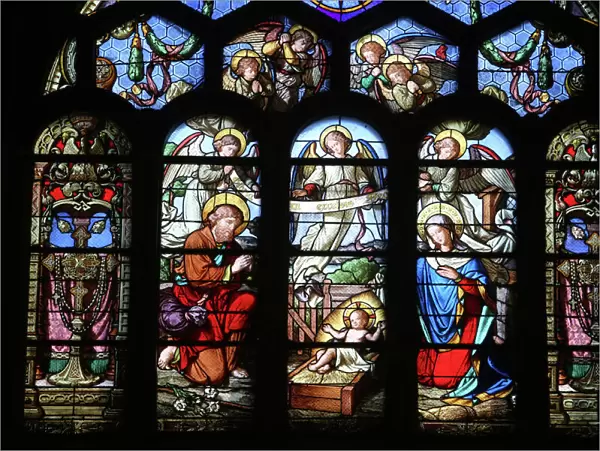 Stained glass window depicting the Nativity, St. Eustache church, Paris, France, Europe