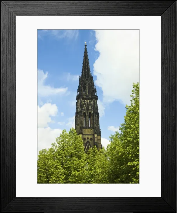 Framed Print : Spire of the ruined St. Nicholas Church, a marker for WWII bombers that devastated the city, now a war memorial, Hamburg, Germany, Europe Framed Print : Spire of the ruined St. Nicholas Church, a marker for WWII bombers that devastated the city, now a war memorial, Hamburg, Germany, Europe