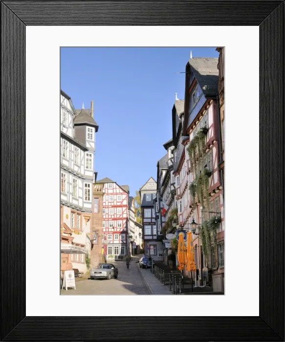 Framed Print : Medieval buildings on Mainzer street viewed from the Market square, Marburg, Hesse, Germany, Europe Framed Print : Medieval buildings on Mainzer street viewed from the Market square, Marburg, Hesse, Germany, Europe
