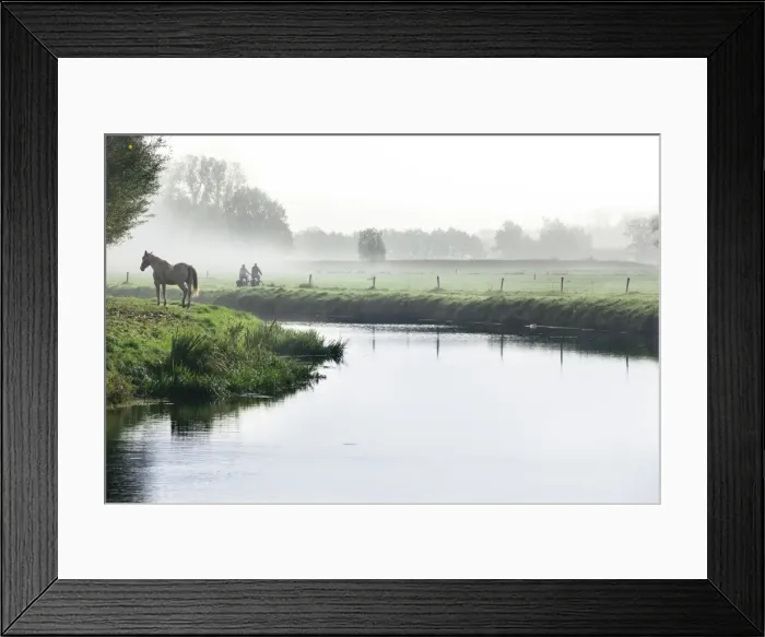 Framed Print : Scenic with mist, horse and two people cycling next to River Mark in autumn, Breda, North Brabant, The Netherlands (Holland), Europe Framed Print : Scenic with mist, horse and two people cycling next to River Mark in autumn, Breda, North Brabant, The Netherlands (Holland), Europe