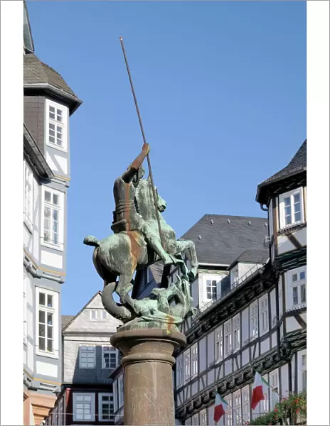 Statue of St. George slaying the dragon, Market Square, Marburg, Hesse, Germany, Europe