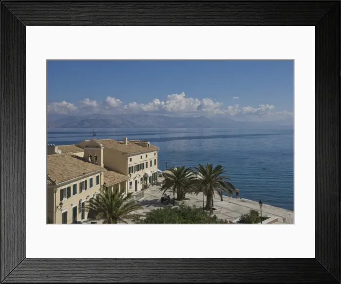 Framed Print : Sea view over a sea side cafe from Corfu Town, Corfu Island, Ionian Islands, Greek Islands, Greece, Europe Framed Print : Sea view over a sea side cafe from Corfu Town, Corfu Island, Ionian Islands, Greek Islands, Greece, Europe