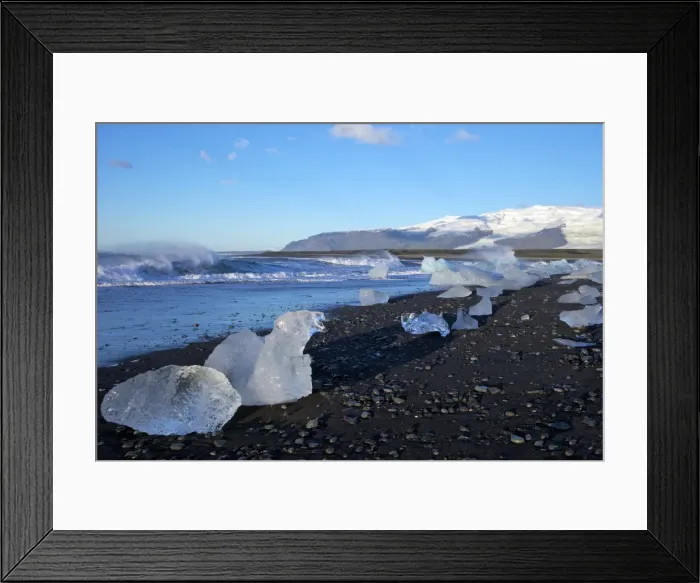 Framed Print : Icebergs on volcanic sand beach at Jokulsarlon with snow on the massive icecap of Vatnajokull behind, Iceland, Polar Regions Framed Print : Icebergs on volcanic sand beach at Jokulsarlon with snow on the massive icecap of Vatnajokull behind, Iceland, Polar Regions