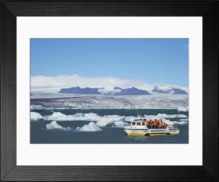 Framed Print : Amphibious vehicle between icebergs on glacial lake at Jokulsarlon with snow on massive icecap of Vatnajokull behind, Iceland, Polar Regions Framed Print : Amphibious vehicle between icebergs on glacial lake at Jokulsarlon with snow on massive icecap of Vatnajokull behind, Iceland, Polar Regions