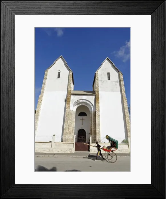 Framed Print : Rickshaw passing Lutheran Church, Toliara (Tulear), capital of the Atsimo-Andrefana region, Madagascar, Africa Framed Print : Rickshaw passing Lutheran Church, Toliara (Tulear), capital of the Atsimo-Andrefana region, Madagascar, Africa