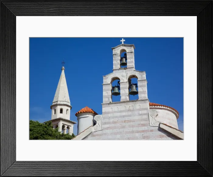 Framed Print : Church bell tower, Old Town, Budva, Montenegro, Europe Framed Print : Church bell tower, Old Town, Budva, Montenegro, Europe