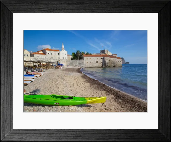 Framed Print : View of Old Town and beach, Budva, Montenegro, Europe Framed Print : View of Old Town and beach, Budva, Montenegro, Europe