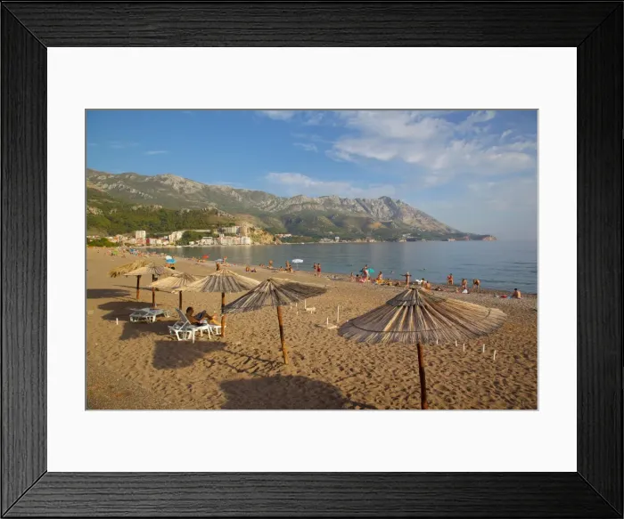 Framed Print : Beach and sunshades, Becici, Budva Bay, Montenegro, Europe Framed Print : Beach and sunshades, Becici, Budva Bay, Montenegro, Europe