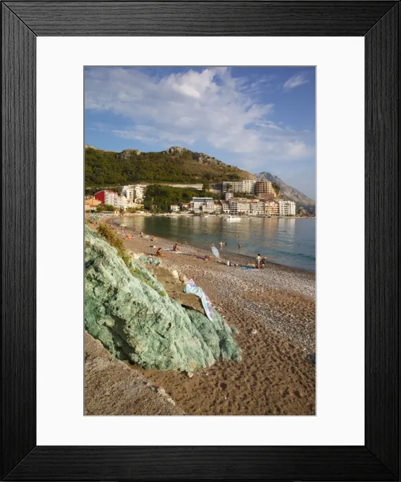 Framed Print : View of beach, Becici, Budva Bay, Montenegro, Europe Framed Print : View of beach, Becici, Budva Bay, Montenegro, Europe