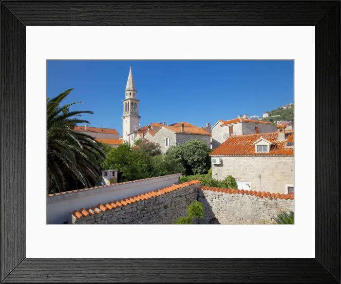 Framed Print : Church belltower from City Wall, Old Town, Budva, Montenegro, Europe Framed Print : Church belltower from City Wall, Old Town, Budva, Montenegro, Europe