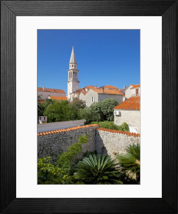Framed Print : Church belltower from City Wall, Old Town, Budva, Montenegro, Europe Framed Print : Church belltower from City Wall, Old Town, Budva, Montenegro, Europe