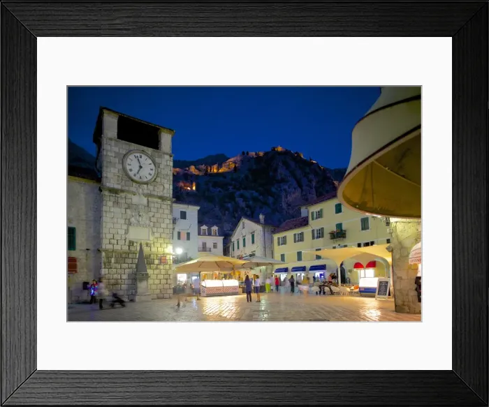 Framed Print : Old Town Clock Tower and Fort at dusk, Old Town, UNESCO World Heritage Site, Kotor, Montenegro, Europe Framed Print : Old Town Clock Tower and Fort at dusk, Old Town, UNESCO World Heritage Site, Kotor, Montenegro, Europe