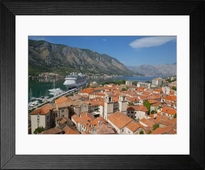 Framed Print : View over Old Town, UNESCO World Heritage Site, with cruise ship in port, Kotor, Montenegro, Europe