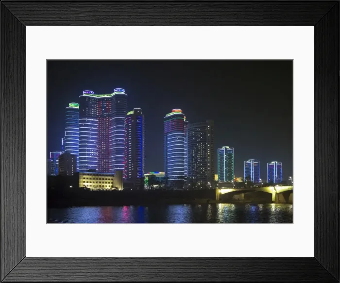 Framed Print : Modern city apartments illuminated at night, Pyongyang, Democratic Peoples Republic of Korea (DPRK), North Korea, Asia Framed Print : Modern city apartments illuminated at night, Pyongyang, Democratic Peoples Republic of Korea (DPRK), North Korea, Asia