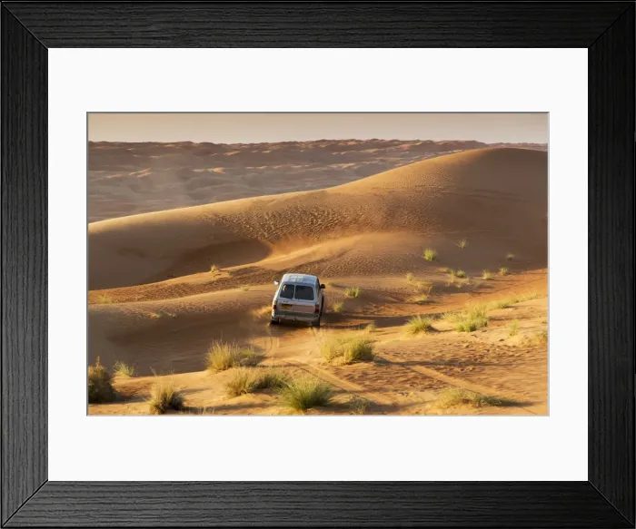 Framed Print : Four wheel drive on desert dunes, Wahiba, Oman, Middle East Framed Print : Four wheel drive on desert dunes, Wahiba, Oman, Middle East