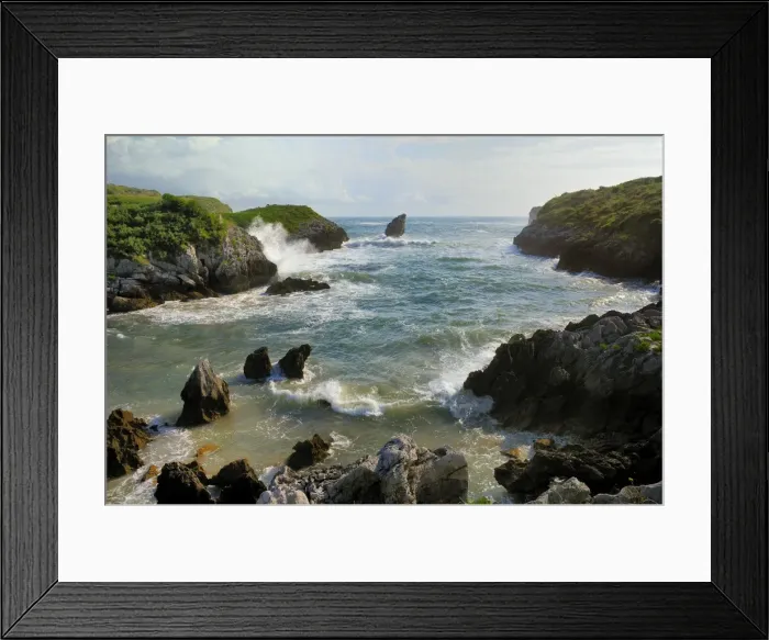 Framed Print : Buelna beach and karst limestone El Picon rock pillar at high tide on a windy day, near Llanes, Asturias, Spain, Europe Framed Print : Buelna beach and karst limestone El Picon rock pillar at high tide on a windy day, near Llanes, Asturias, Spain, Europe