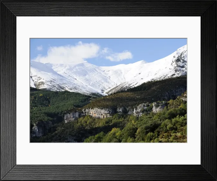 Framed Print : Limestone escarpments above Escuain gorge with snow covered high Pyrenees peaks in the background, Huesca, Aragon, Spain, Europe Framed Print : Limestone escarpments above Escuain gorge with snow covered high Pyrenees peaks in the background, Huesca, Aragon, Spain, Europe